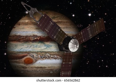 Juno Spacecraft And Jupiter. Elements Of This Image Furnished By NASA.