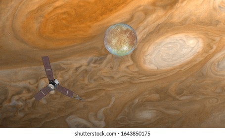 Juno Spacecraft With Jupiter On The Foreground Jupiter's Satellite Europa 