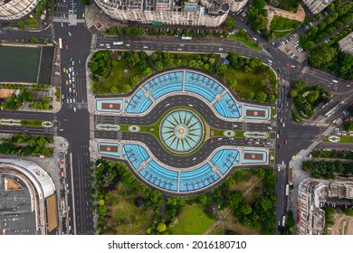 Juny, 2021 - Bucharest, Romania: Aerial view of the city of Bucharest. View from above on Unirii fountains square.