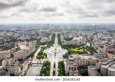 Juny, 2021 - Bucharest, Romania: Aerial view of the city of Bucharest. View from above on Unirii fountains square.
