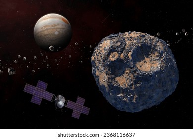 Jupiter, asteroid Psyche, and Psyche spacecraft. Large metallic asteroid orbiting the Sun between Mars and Jupiter in main asteroid belt. Psyche mission. This image elements furnished by NASA. 