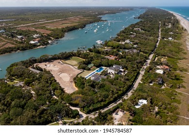 JUPITER, FL, USA - MARCH 27, 2021: Aerial photo of Tiger Woods mansion in Jupiter Island Florida USA