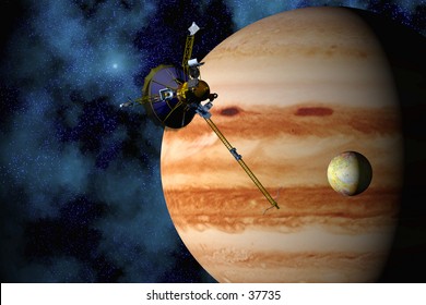 Jupiter, Io, And The Galileo Space Probe With Star Field Background. 3D Computer-generated Image.