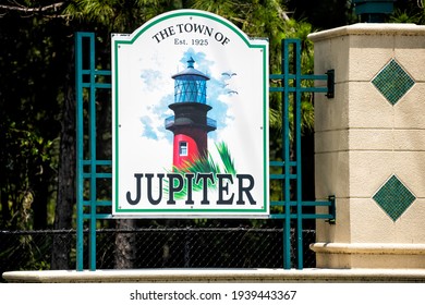 Jupiter, USA - May 9, 2018: Welcome sign to Florida small city town in Palm Beach county established in 1925 on Atlantic ocean coast shore in summer
