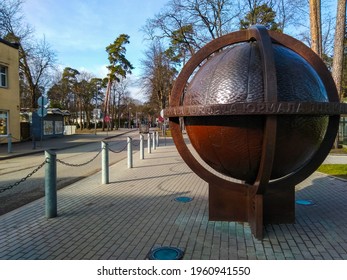Jurmala, Latvia, 02 March 2020. The largest, known, revolving globe - a symbol of the 70s, with a diameter of two meters is located at the crossroads of the main pedestrian street in Jurmala.
