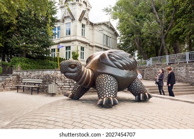 Jurmala. Latvia. August 3, 2021. Turtle Monument - bronze sculpture on the seashore in Jurmala. The author of the monument is Janis Barda. Some believe that the turtle symbolizes longevity.