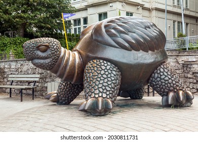 Jurmala. Latvia. August 3, 2021. Turtle Monument - bronze sculpture on the seashore in Jurmala. The author of the monument is Janis Barda. Some believe that the turtle symbolizes longevity.
