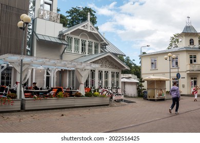 Jurmala (Yurmala). Latvia. August 3, 2021. Jomas street is one of the oldest streets of Jurmala, where restaurants, cafes and hotels are located.