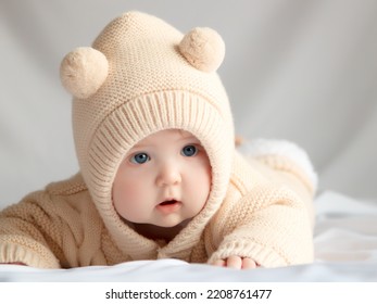 Just beautiful. Cute smiling baby. Cute 3 month old Baby girl infant on a bed on her belly with head up looking with her big eyes. Warm, fluffy biege clothes. Closeup. Three months old baby. - Shutterstock ID 2208761477