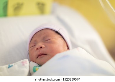 Just Born Asian Baby Laying In The Infant Bassinet Basket At Hospital