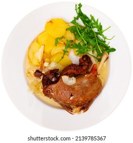 Just Cooked Portion Of Duck Confit With Fried Poatoes. Isolated Over White Background