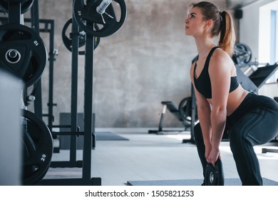 Just A Few Moments. Photo Of Gorgeous Blonde Woman In The Gym At Her Weekend Time.