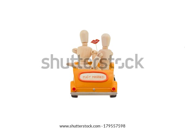 Just Married Car Te Quiero (I Love You in\
Castellano Spanish) Couple Mannequins holding Lips Cookie I Love\
You isolated on white\
background