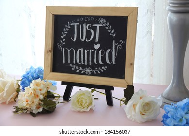 Just Married Decoration Chalkboard At Wedding Ceremony