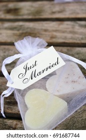 Just Married Heart Soap In Gift Bag Wooden Background Gift Bag Wedding Favor Stock, Photo, Photograph, Picture, Image