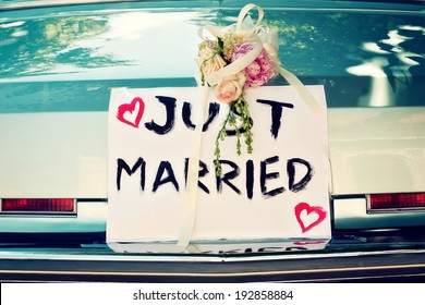 Just Married Sign on a Vintage Car