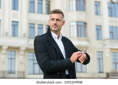 Just In Time. Handsome Man Wear Luxurious Watch Urban Background Defocused. Symbol Of Success. Business People Concept. Businessman With Expensive Accessory. Wrest Watch. Premium Quality Watch.