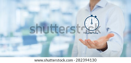 Just in time (JIT) demand (pull) driven inventory system. Wide banner composition, office in background. 