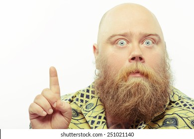 Just Unbelievable. Portrait Of Funny Bearded Man Pointing Up With A Surprised Face Expression While Standing Isolated Over White Background