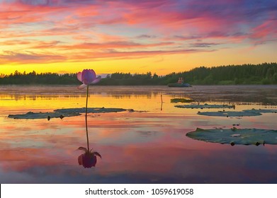 I just wish, the summer would never end. Romantic sunset on the lotus pond. Khabarovsk Krai, far East, Russia.