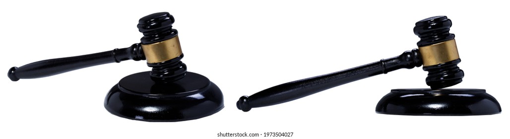 Justice Hammer For Judge Use In Court Supreme House. White Background Isolated In Many Different Angle View