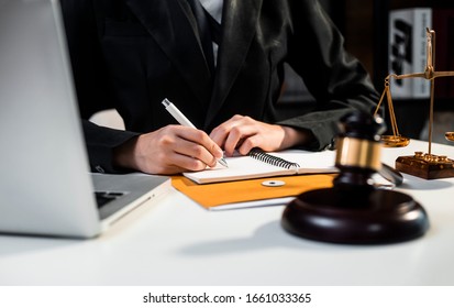 Justice and law concept. Lawyer business working on table office.