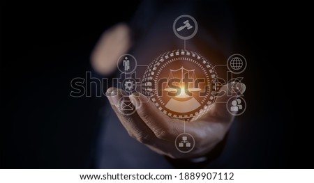 Justice and law concept. Lawyer businessman holding law innovation network icons. blurred background.