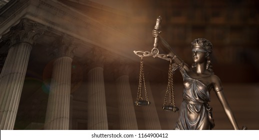 Justice Law Legal Concept. Statue Of Justice With Law Library Background And Courthouse.
