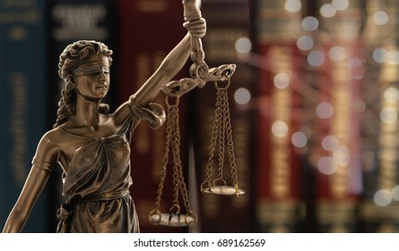 Justice Law Legal Concept. Statue Of Justice With Law Library Background.