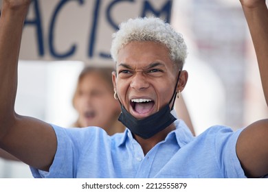 Justice Protest During Covid, Racism And Black Man Angry, Crisis Rally And Fight For Global Equality, Human Rights Or BLM. Students Banner, Poster And Gen Z Crowd Of People Support Black Lives Matter