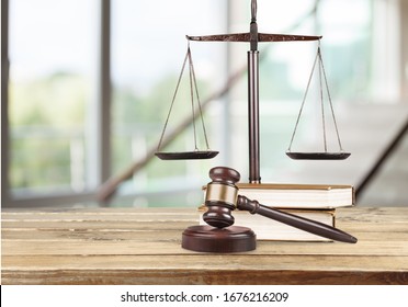 Justice Scales And Books And Wooden Gavel On Table. Justice Concept