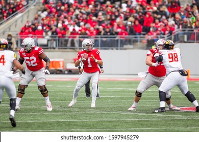 Justin Fields #1 - NCAA Division 1 Football University Of Maryland Terrapins  Vs. Ohio State Buckeyes On November 11th 2019 At The Ohio State Stadium In Columbus, Ohio USA