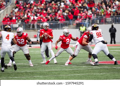 Justin Fields #1 - NCAA Division 1 Football University Of Maryland Terrapins  Vs. Ohio State Buckeyes On November 11th 2019 At The Ohio State Stadium In Columbus, Ohio USA