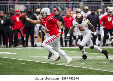 Justin Fields #1 - NCAA Division 1 Football University Of Maryland Terrapins  Vs. Ohio State Buckeyes On November 11th 2019 At The Ohio State Stadium In Columbus, Ohio USA