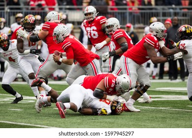 Justin Fields #1 - NCAA Division 1 Football University Of Maryland Terrapins  Vs. Ohio State Buckeyes On November 11th 2019 At The Ohio State Stadium In Columbus, Ohio USA