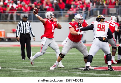 Justin Fields #1 - NCAA Division 1 Football University Of Maryland Terrapins  Vs. Ohio State Buckeyes On November 11th 2019 At The Ohio State Stadium In Columbus, Ohio USA