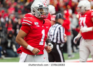 Justin Fields #1 - NCAA Division 1 Football University Of Maryland Terrapins  Vs. Ohio State Buckeyes On November 11th 2019 At The Ohio State Stadium In Columbus, Ohio USA