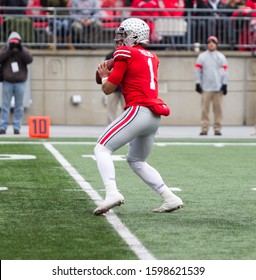 Justin Fields #1 - NCAA Division 1 Football University Of Maryland Terrapins  Vs. Ohio State Buckeyes On November 11th 2019 At The Ohio State Stadium In Columbus, Ohio USA