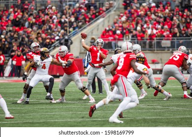 Justin Fields #2 - NCAA Division 1 Football University Of Maryland Terrapins  Vs. Ohio State Buckeyes On November 11th 2019 At The Ohio State Stadium In Columbus, Ohio USA