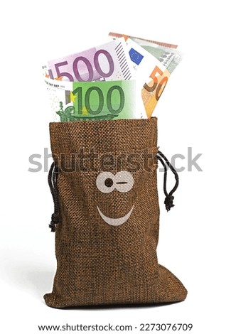 Jute bag with paper money and smiling face