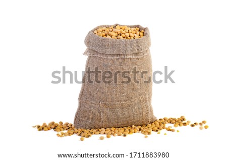 Jute sack with dried soja beans isolated on white background