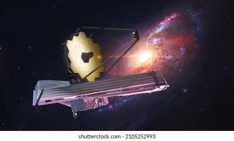 JWST in outer space. James Webb telescope far galaxy explore. Sci-fi space collage. Astronomy science. Elemets of this image furnished by NASA