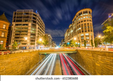 K Street At Night, At Washington Circle In Foggy Bottom, Washington, DC.