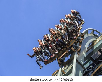 KAATSHEUVEL/THE NETHERLANDS - OCTOBER 31th, 2015: Efteling Park Ride New Rollercoaster Baron 1898 Just Before A 40 Metres Vertical Drop.