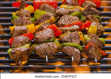 Kabobs On A Hot Flaming Barbecue Grill