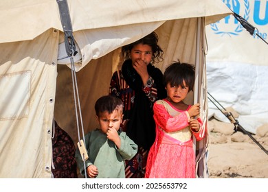 Kabul, Afghanistan, August 1 2021,  refugee children after the collapse of the country in August 2021 by the Taliban in the North of the country