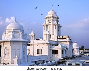 Kacheguda railway station towers with clock in the evening in Hyderabad, Andhra Pradesh, India
