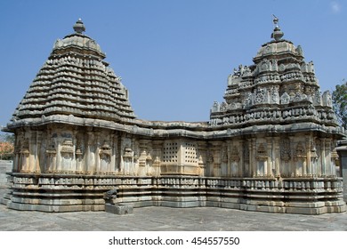 Kadamba shikhara (tower) (left) and dravida shikhara (right) with kalasha (pinnacle) on top in Lakshmi Devi temple at Doddagaddavalli, Hassan district, Karnataka state, India, Asia