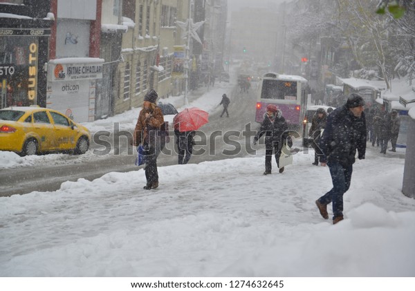 İstanbul, Kadikoy / Turkey - January 7\
2017 : kadikoy snow cold winter istanbul\
turkey