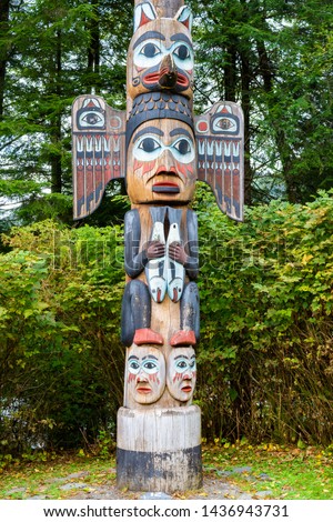 Kadjuk Bird Totem Pole at Totem Bight State Historical Park, Ketchikan, Alaska. Native American tradition. Totem animals act as guardian spirits.